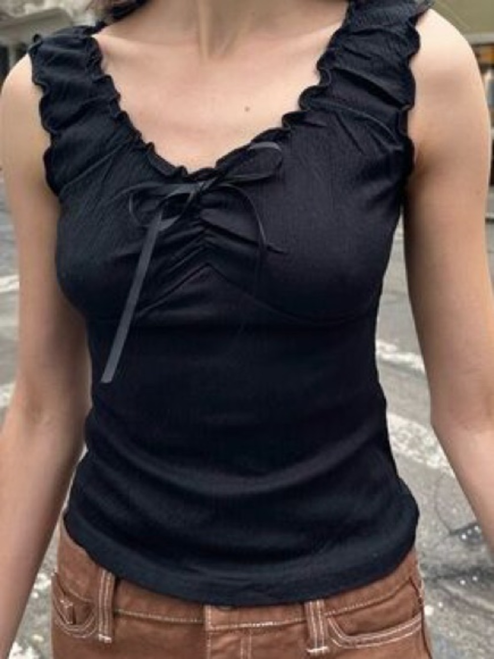 Brandy Melville Black Ruffle Tie-Front Off-Shoulder Top
